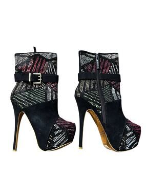 Alba Black Suede Rhinestone Platform Boots‎ Size 6.5 Stiletto Booties Rave Club
